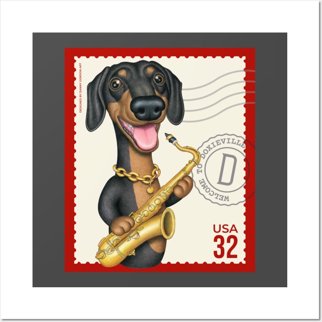 Funny Doxie playing Sax on vintage postage stamp Wall Art by Danny Gordon Art